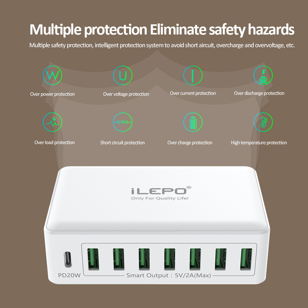 i60-60W Fast Charger Portable Smart Charger USB Multi-Port Desktop Multi-Device Charger