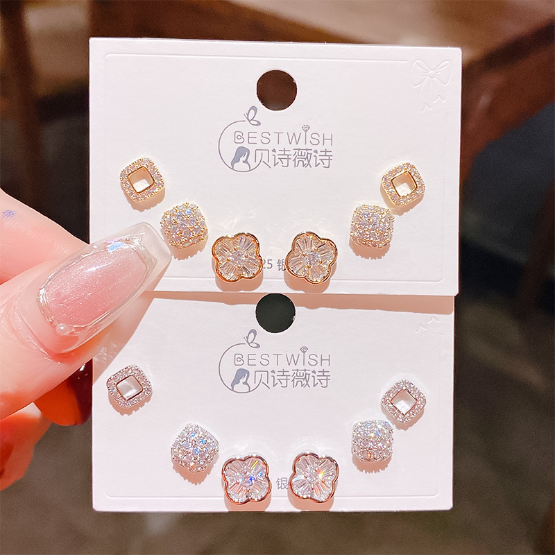 2026 flower geometric zircon exquisite three pairs of earrings, 6-piece set earrings