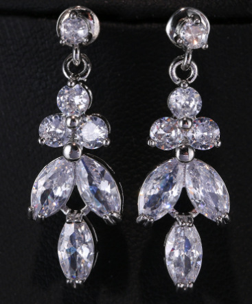 Simple long marquise teardrop zirconia white gold necklace and earrings jewelry set, bridal accessories