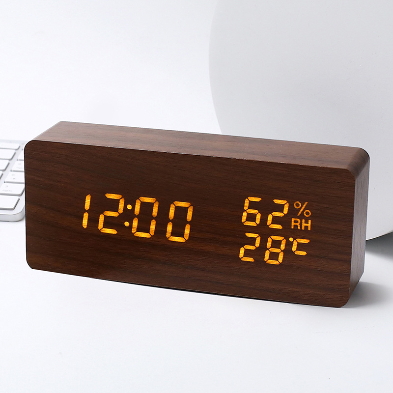 PVC Wooden Digital Alarm Clock Perpetual Calendar Temperature and Humidity Clock LED Triangular Electronic Clock Voice Control LED Wooden Clock