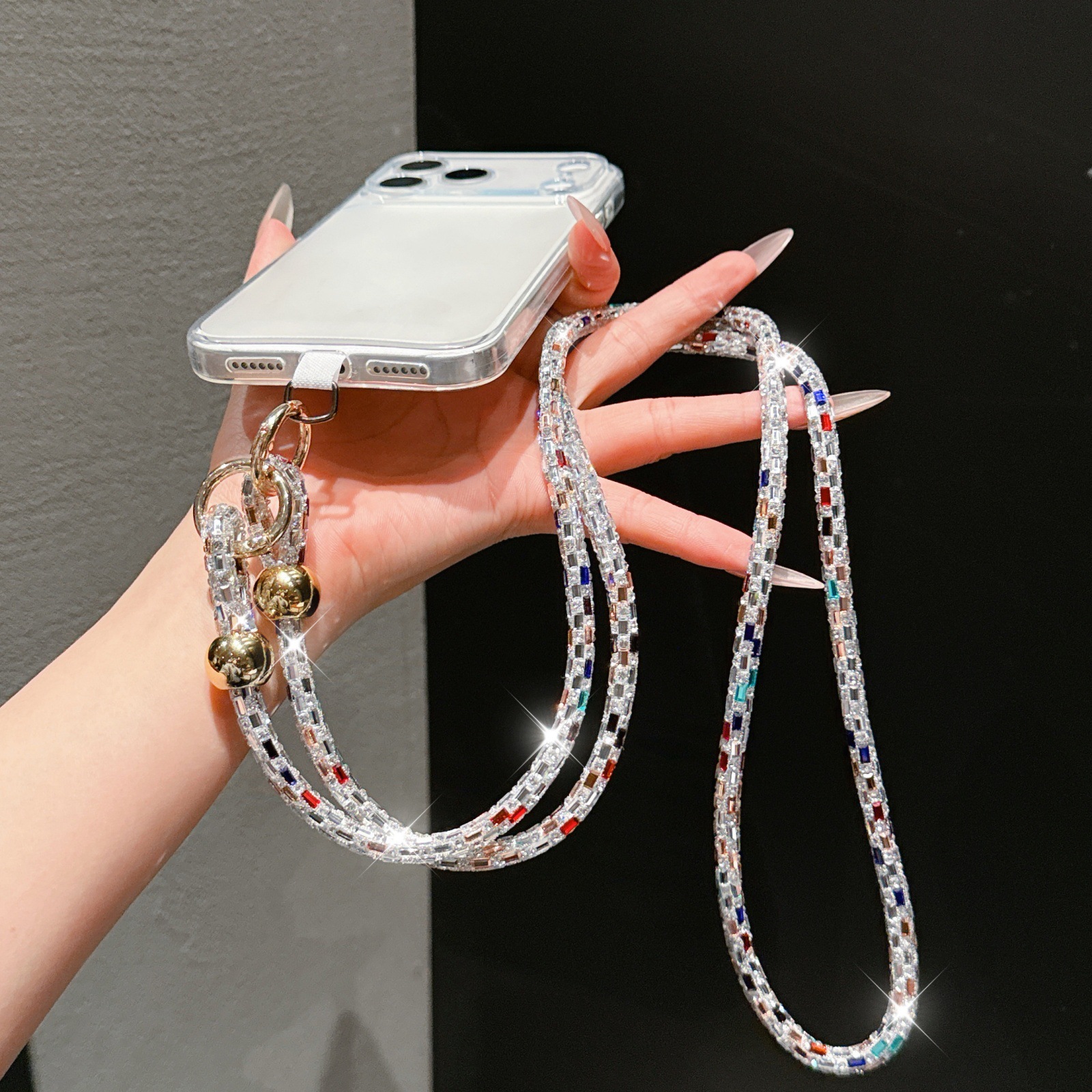 Rhinestone Phone Lanyard Long Crossbody Chain Glass Diamond Multi-function Anti-loss Beaded