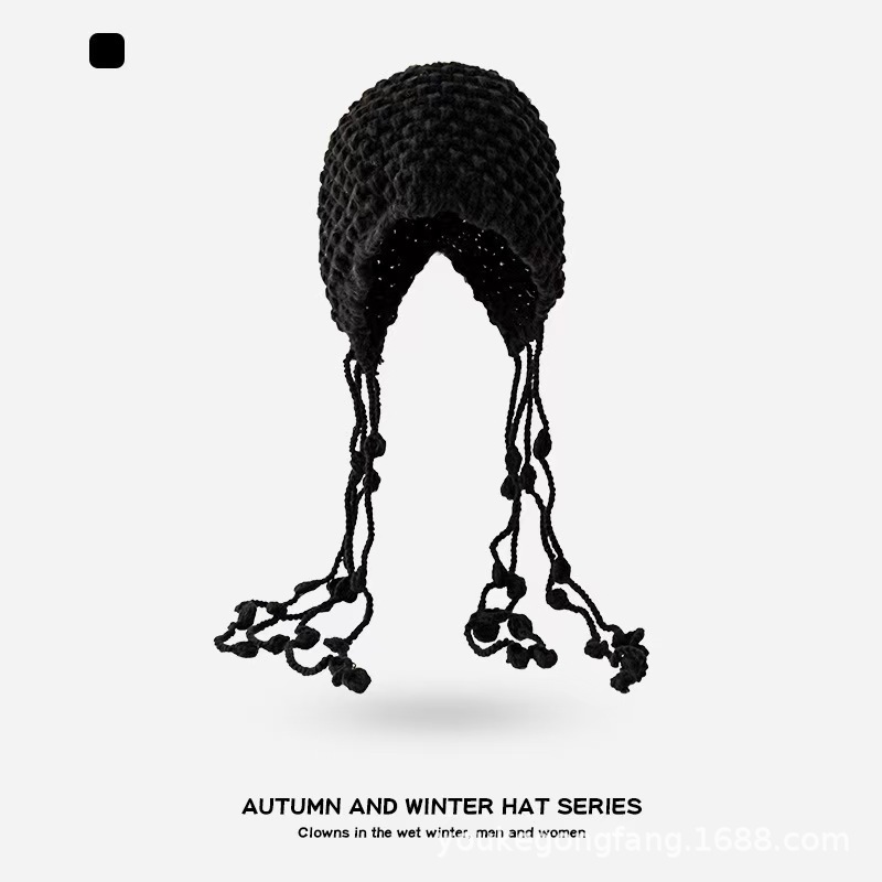 Hat Handwoven Tassel Knit Hat Women Autumn Winter New Warm Ear Protection Large Head Circumference Face Slimming Wrap Hat