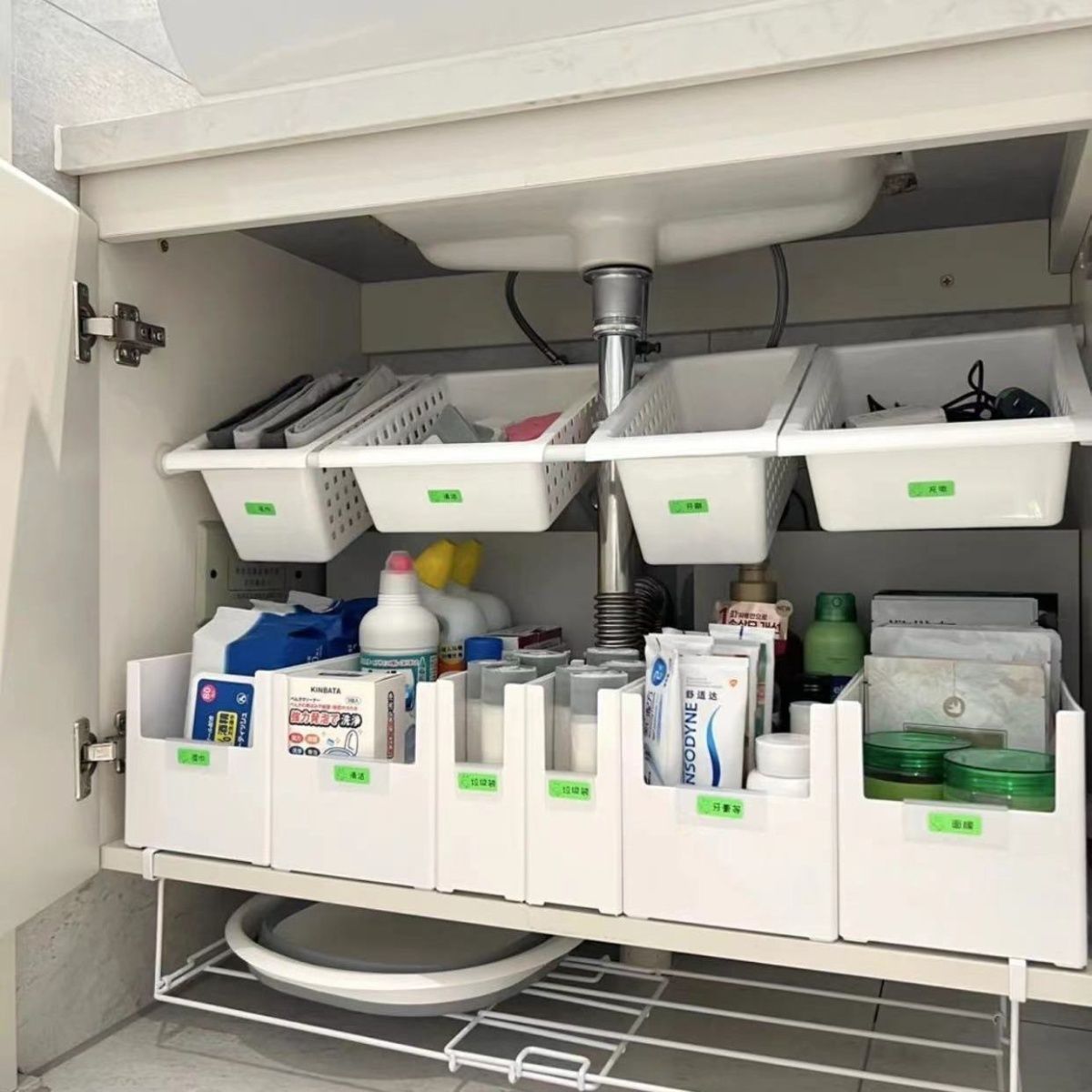 Under kitchen sink shelf, no-drill, adjustable, cabinet storage rack, bathroom corner shelf