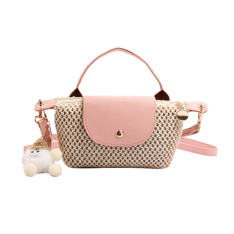 Summer Woven Bag with Lid, Patchwork Mini Straw Bag, Beach Vacation Pom-Pom Shoulder Bag
