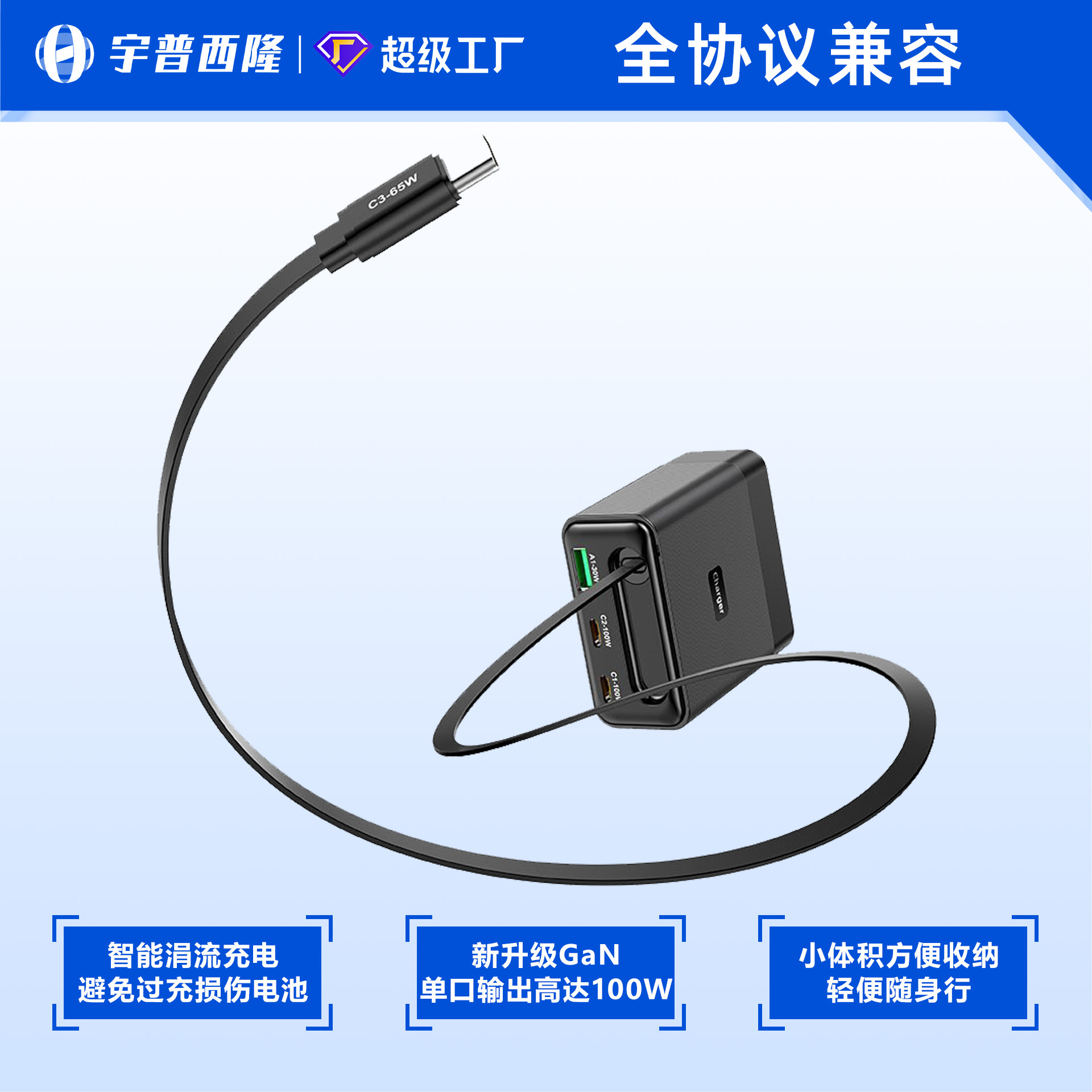 New 100W GaN Charger Multi-Port Fast Charger with Retractable Cable for Apple Phone