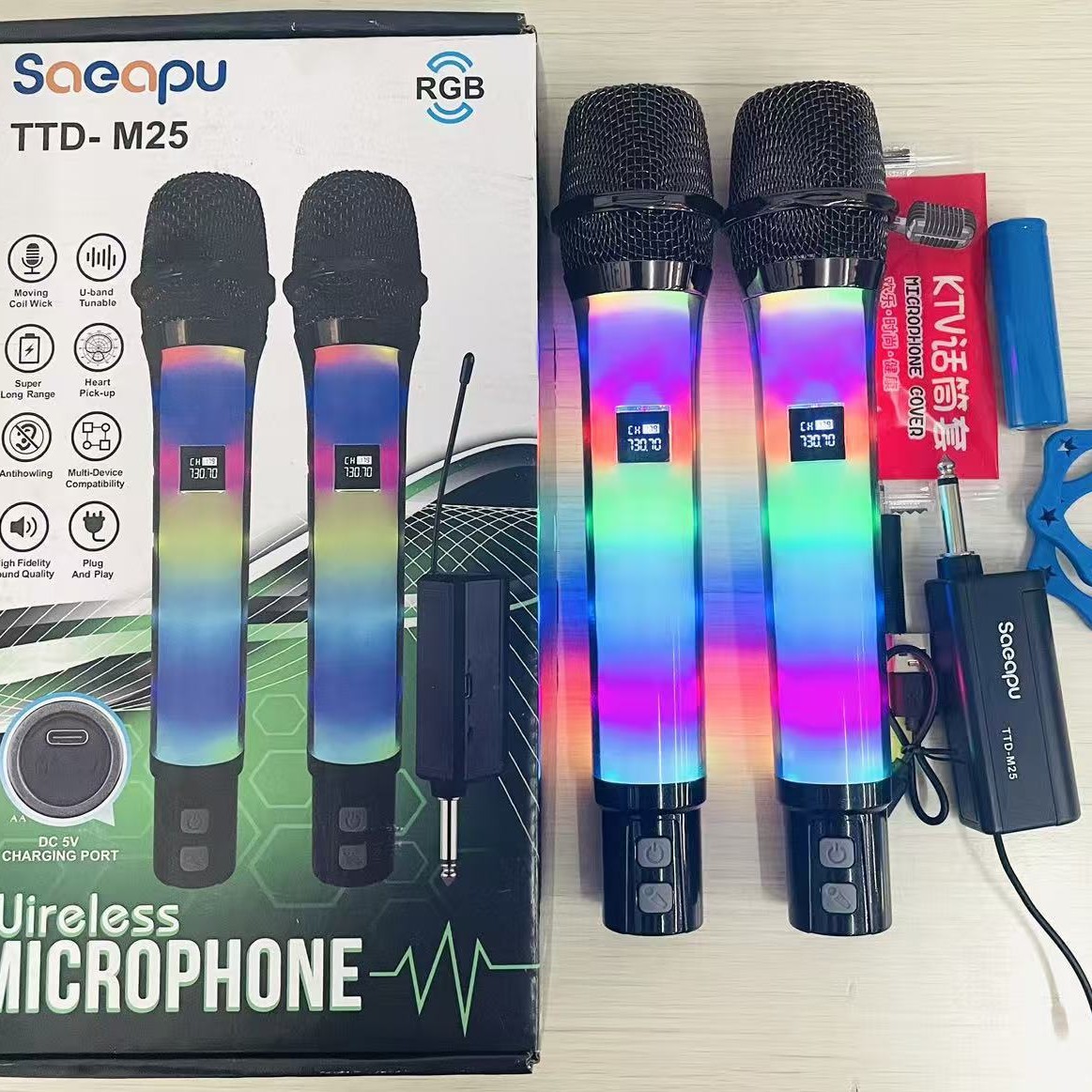 Colorful Light Effect Wireless Microphone TTD-M25 Ultra Long Battery Life No Noise Karaoke Microphone