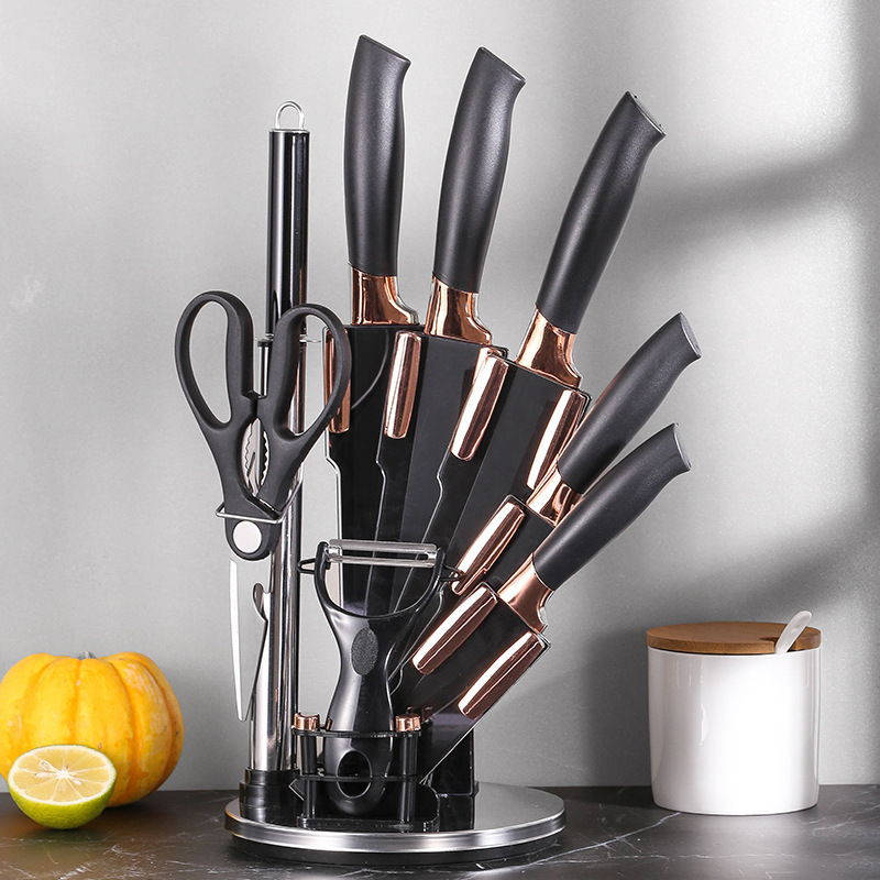New kitchen knife set 9-piece stainless steel electroplated head with rotating acrylic knife holder ready
