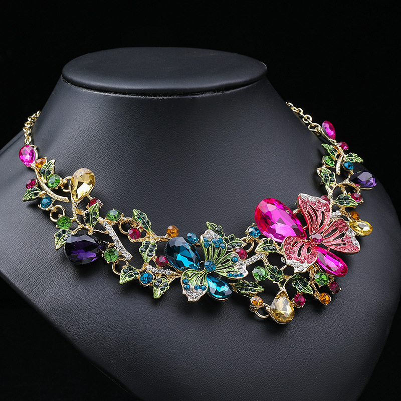 2022 New Colorful Flower Necklace Set Women Bright Bride Necklace Oil Painting Gemstone Collarbone Chain