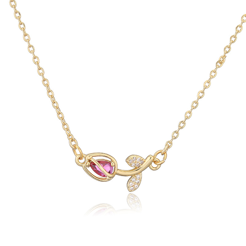 Copper Inlaid Colorful Diamond Tulip Ring, Earrings, Necklace for Women Flower Petal Jewelry Set