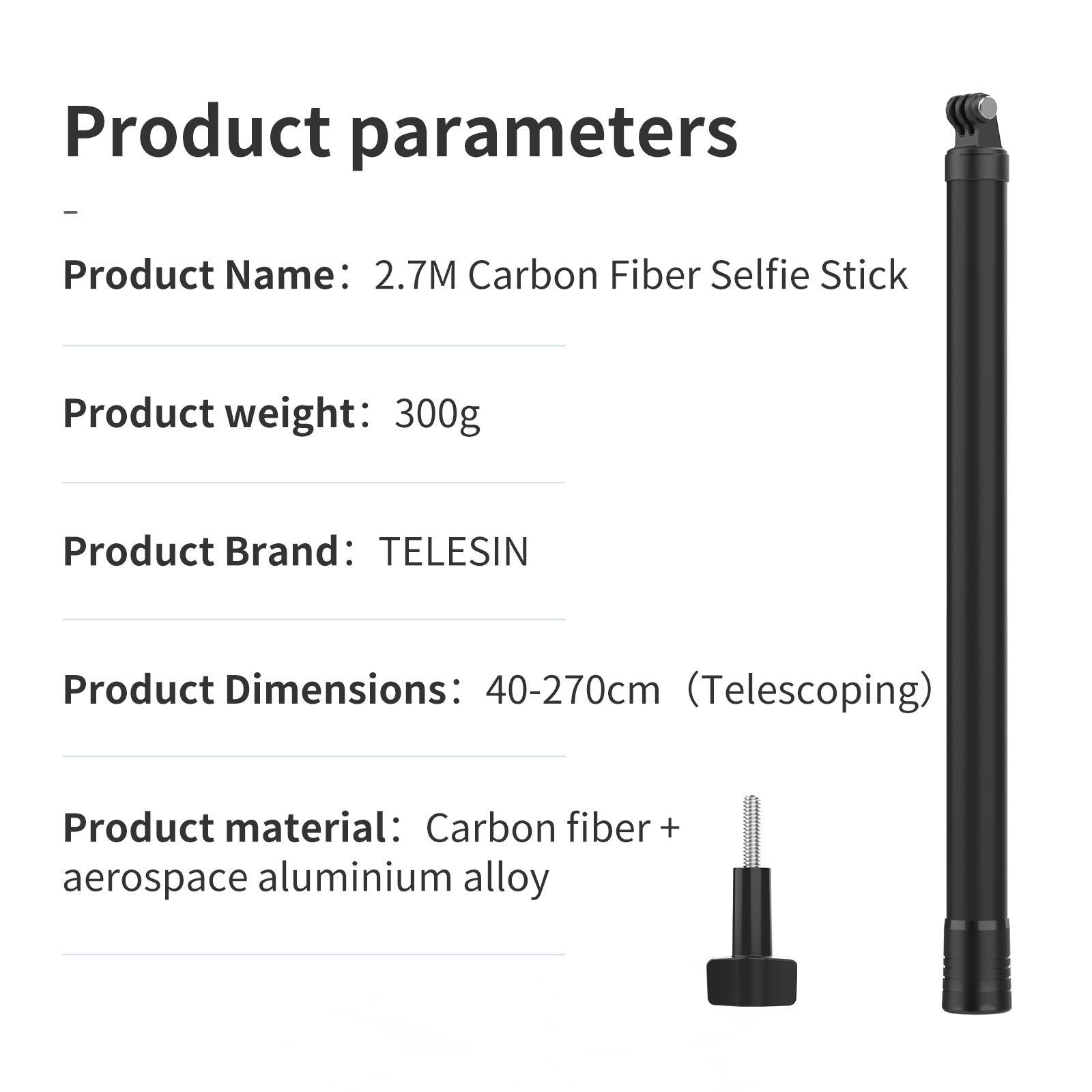 TELESIN 3m Carbon Fiber Selfie Stick for GoPro13 DJI 5 Pro ta360