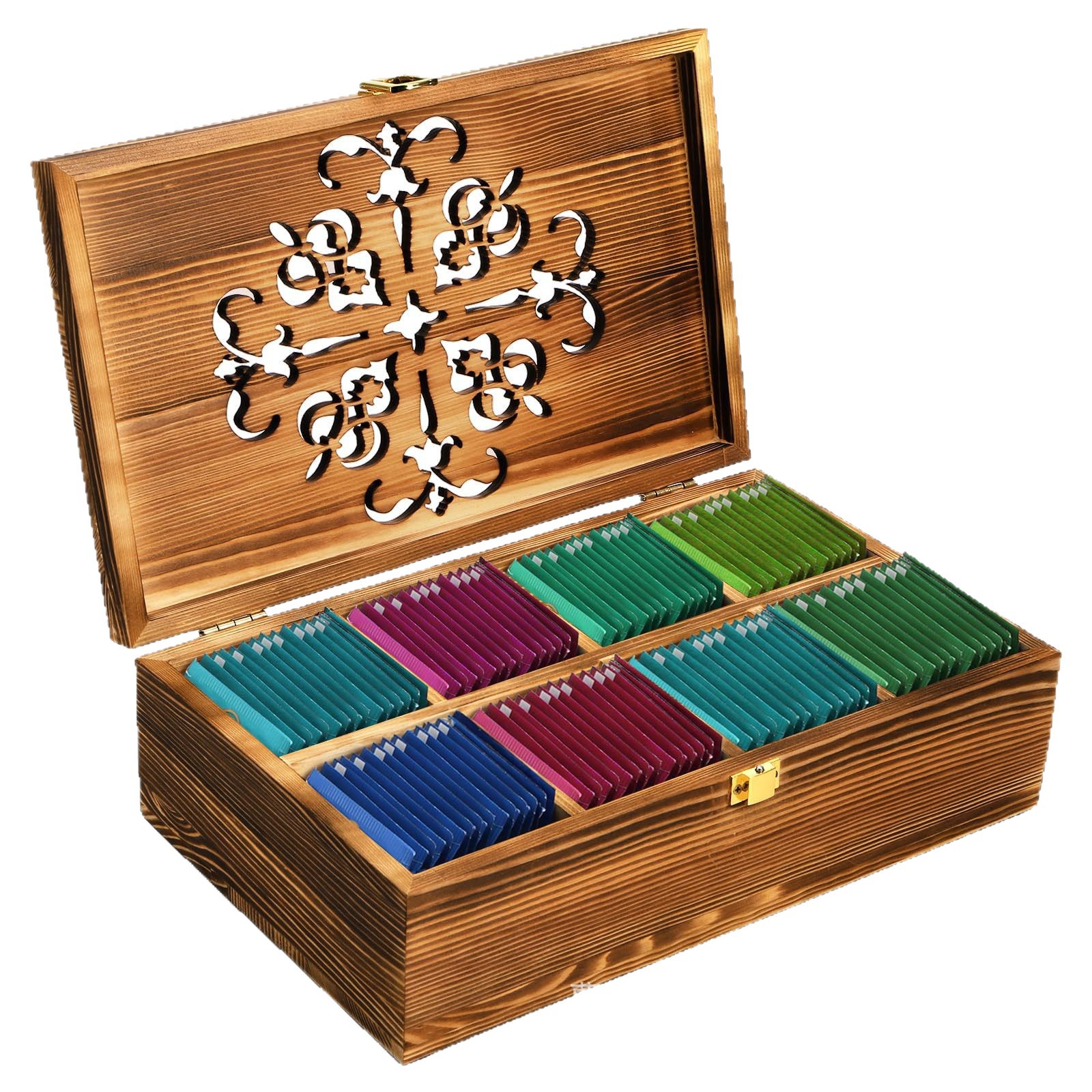 Tea bag storage box, wooden flip-top, carved hollow pattern, tea packet storage box, desktop compartment gift box