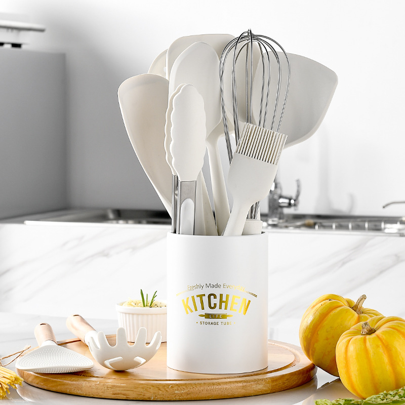 Wood Handle White Silicone Kitchenware Set 12-Piece Set Nordic Simple Non-Scratch Pan Kitchen Tool Set