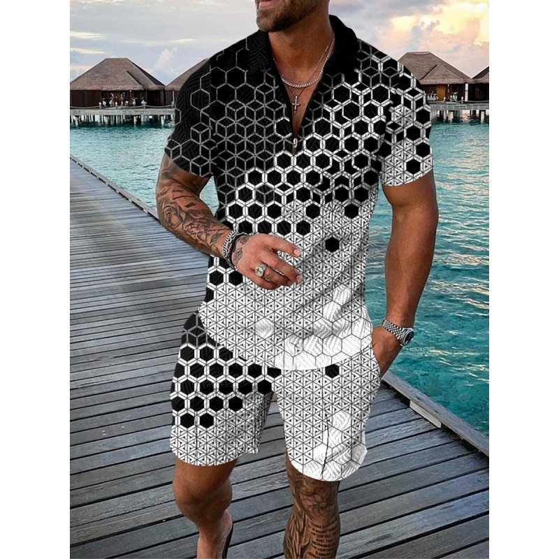 2026 New Men's Casual Sports Suit Summer Short Sleeve Polo Shirt Shorts Two Piece Set Color Block Print