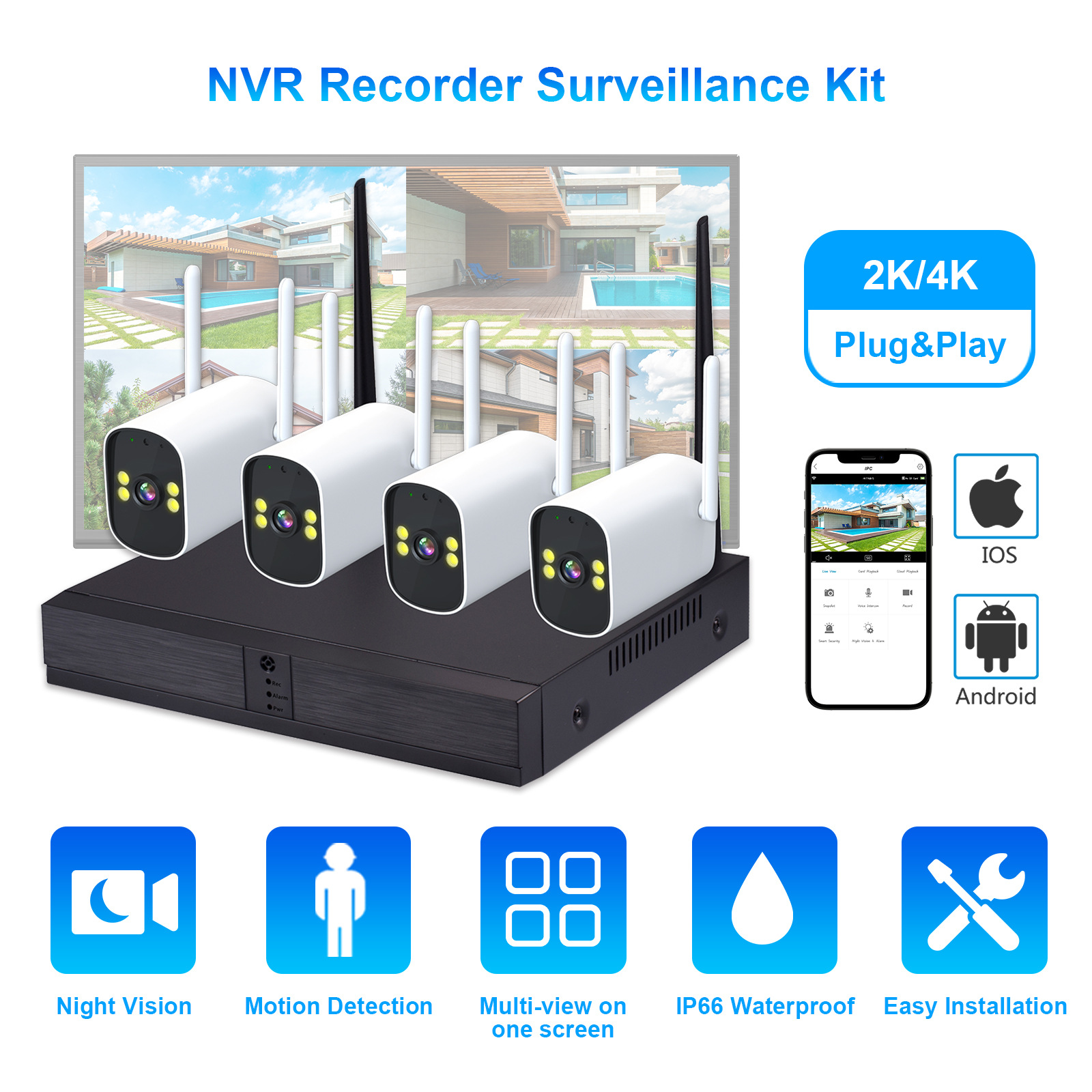 NVR Hard Disk Recorder Kit icsee Waterproof Camera Wireless HD CCTV Surveillance Package