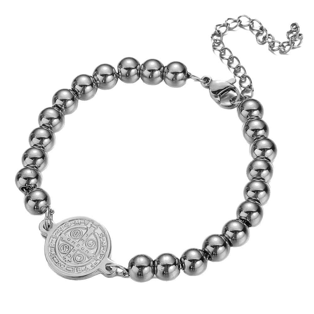 Stainless steel minimalist gold bead bracelet with Western figure round coin pendant, stainless steel bead bracelet