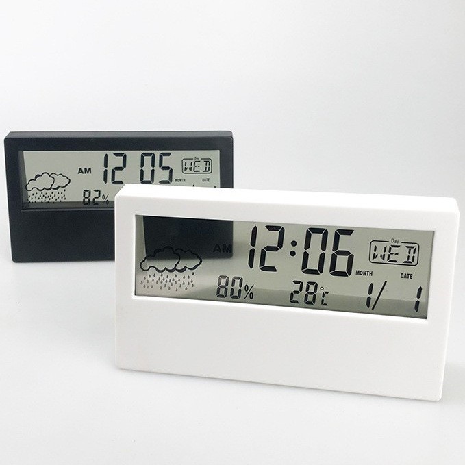 Simple multifunctional desktop clock weather temperature humidity digital display small alarm clock transparent luminous electronic clock