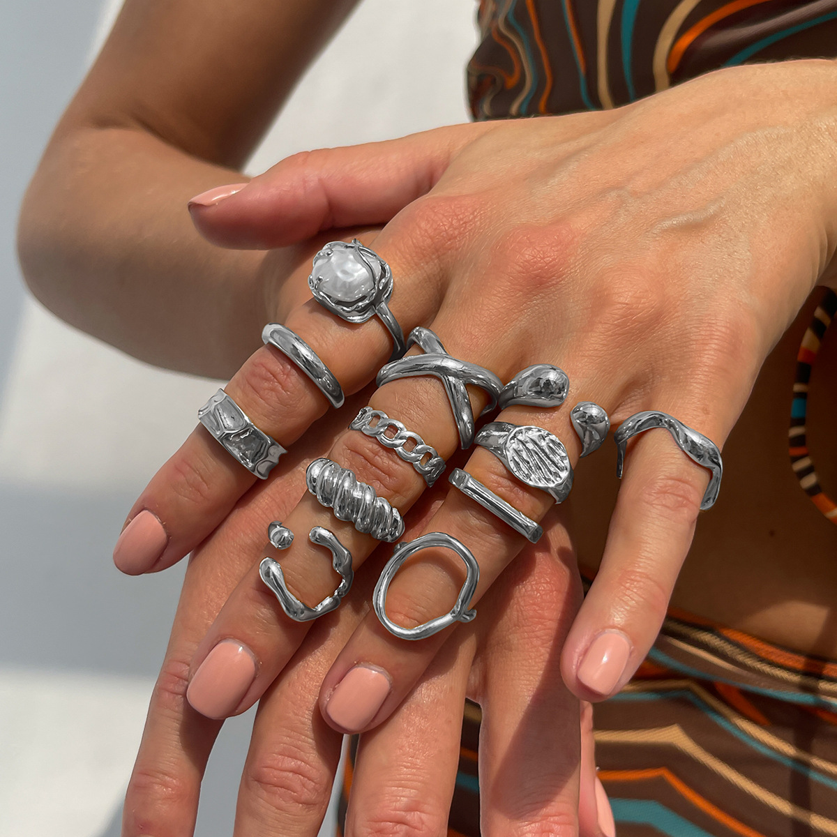 Jewelry alloy open twist ring pearl hollow irregular ring set