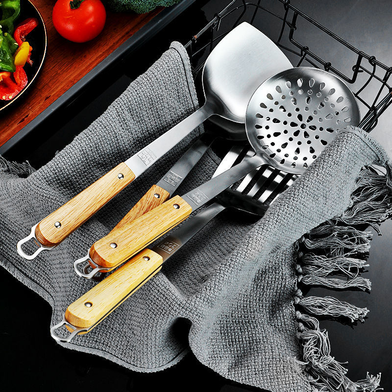 304 stainless steel solid wood handle spatula, stir-fry spatula, household food-grade spoon, soup spoon, slotted spoon set, frying spatula, slotted spatula