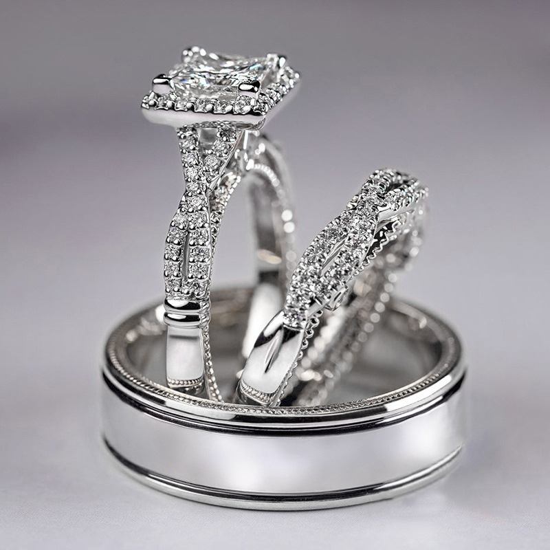 Cao Shi Three-Piece Ring Set Rose Gold Two-Tone Shining Zircon Ring Women's Luxurious Engagement Ring