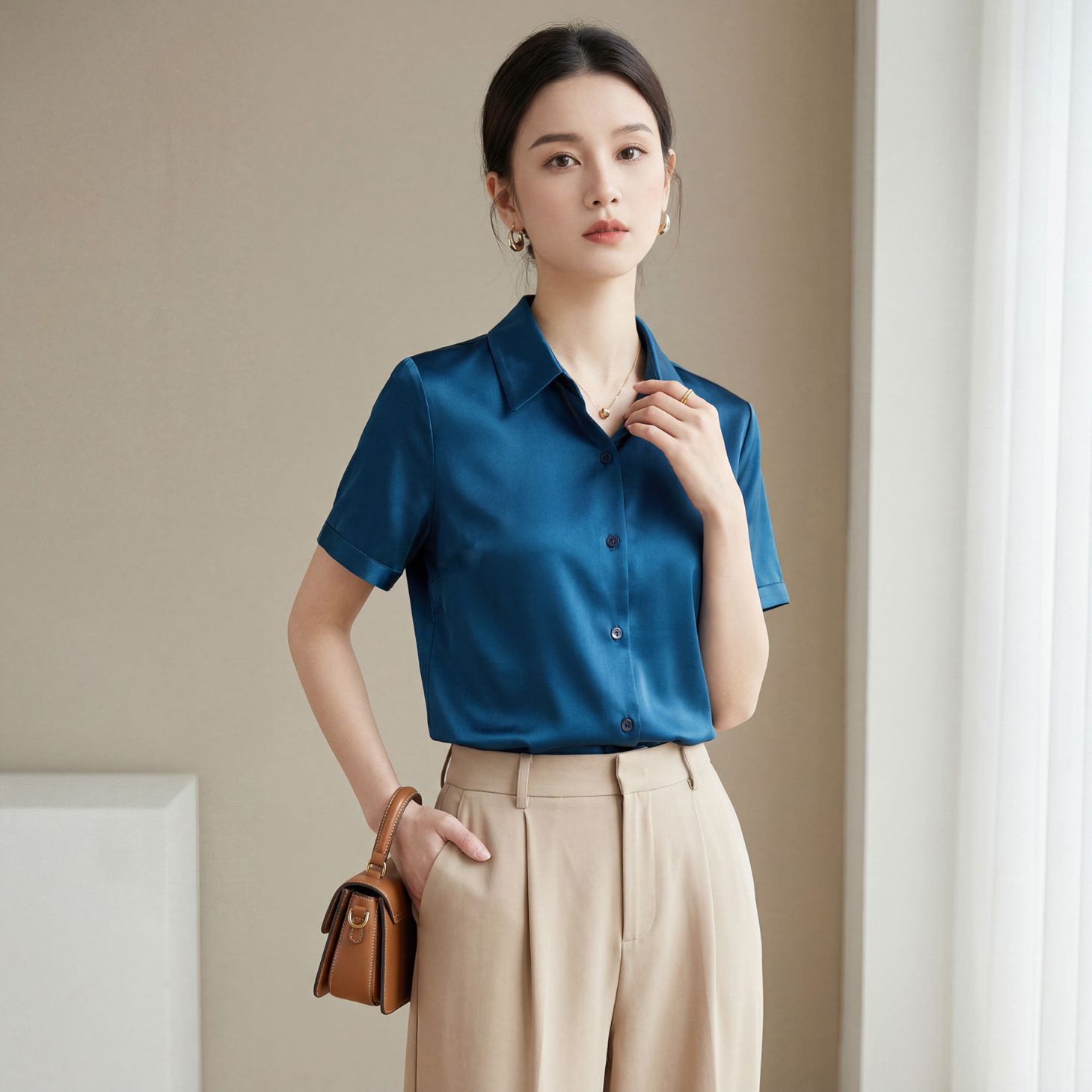 Mulberry Silk Blouse for Women Short Sleeve Summer New Basic Professional Wear Shirt Niche Commute Top