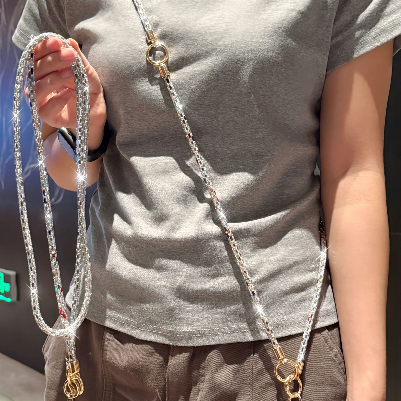 3-in-1 Rhinestone Crossbody Lanyard Sparkle Diamond Bracelet Necklace Multi-function Chain