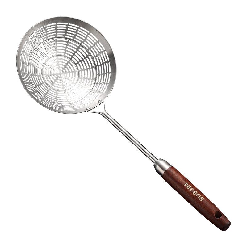 304 stainless steel slotted spoon, thickened, with wooden handle, large size, for hot pot, filter net, kitchen frying, oil draining