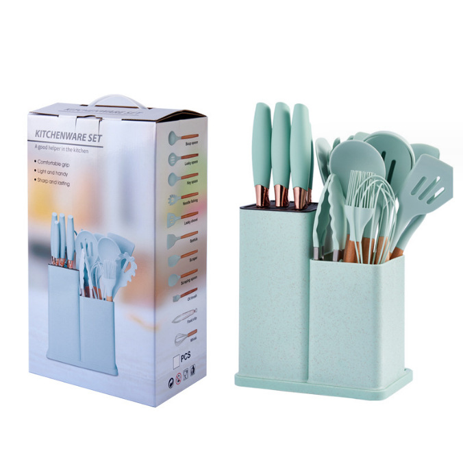 19-piece silicone kitchen utensil set with knife, silicone combination kitchen utensils 19-piece double-barrel straw silicone kitchen utensil set with knife