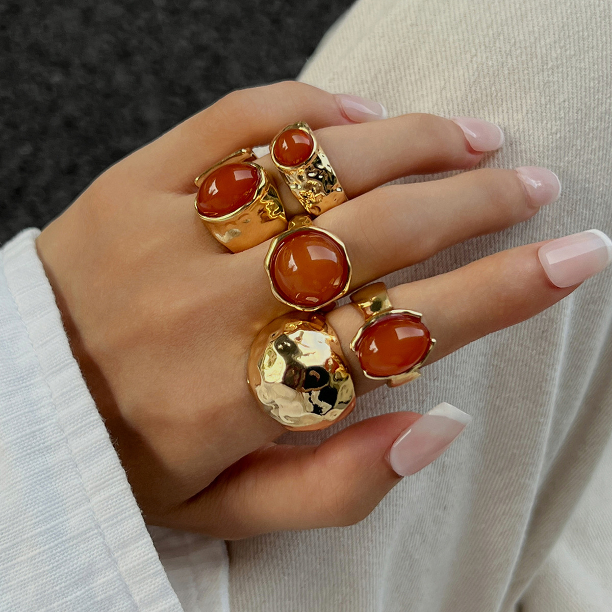 Layered gem ring set for women metal hammered texture open wide ring hand ornament