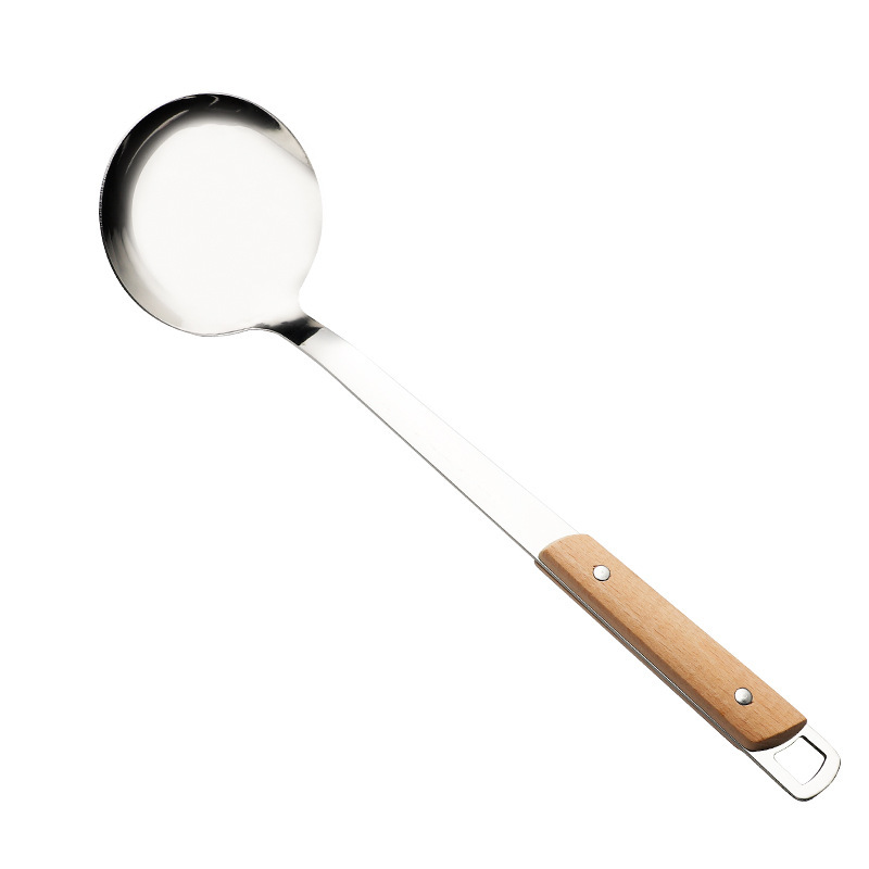 201 non-magnetic stainless steel spatula, soup spoon kitchen set, kitchen cooking household solid wood handle frying spatula, slotted spoon logo