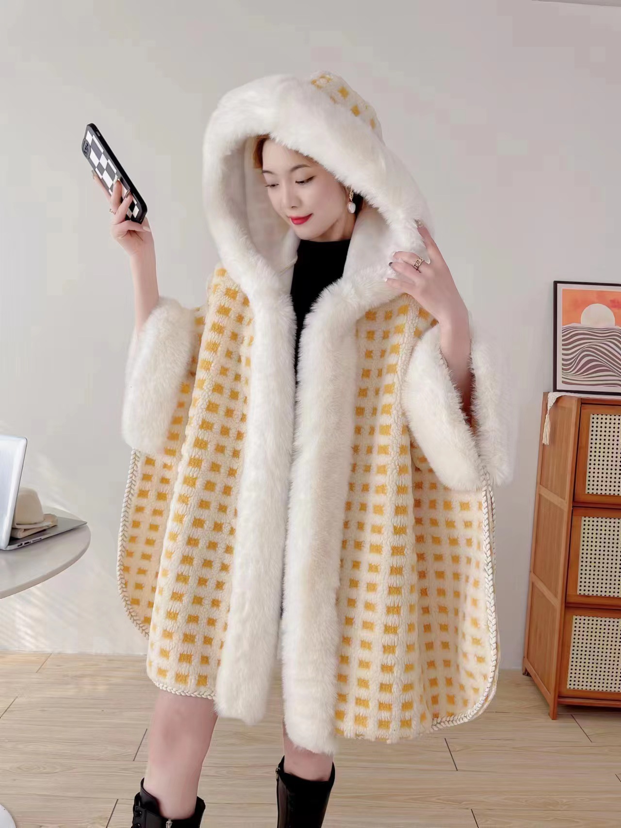 Live Loose Shawl Women 2023 Autumn Winter Cape Thickened Imitation Sheep Fur Collar Hooded Coat