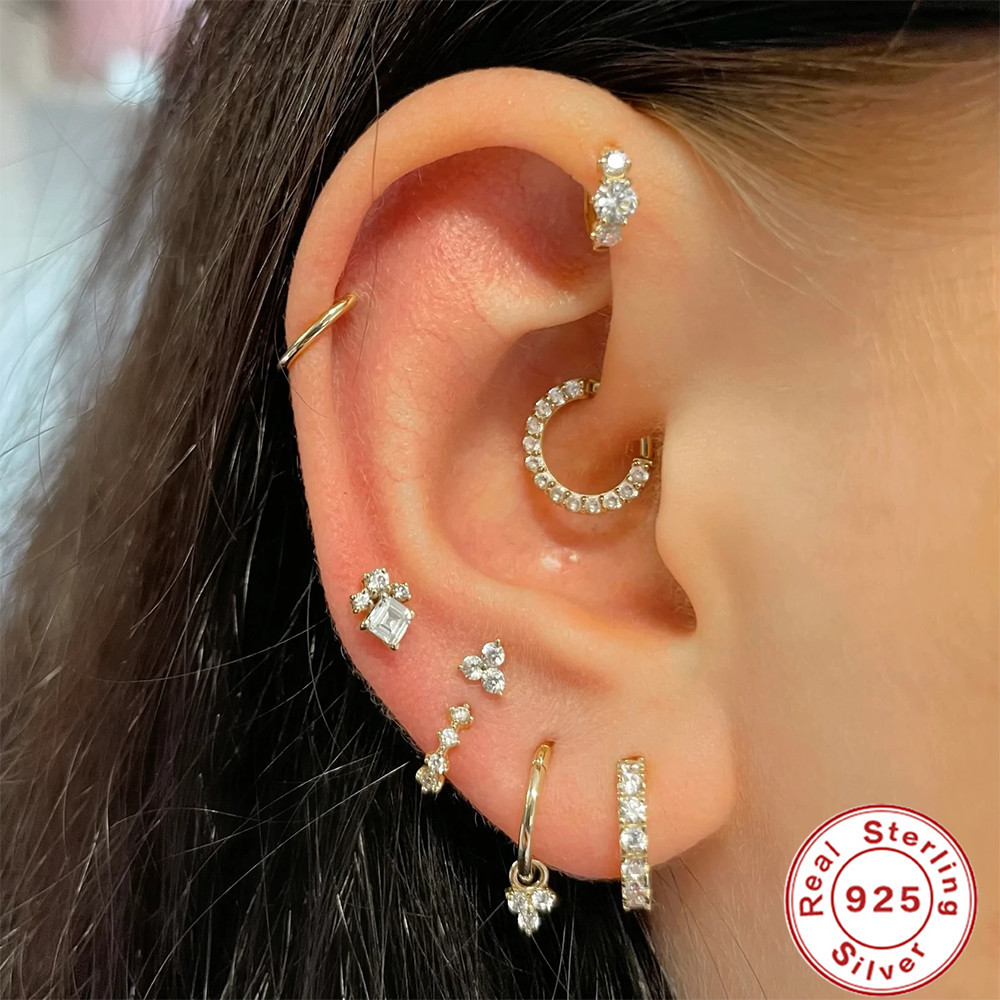 S925 sterling silver cartilage piercing diamond-set ear hoop ear buckle earring ear cartilage shien INS punk style ear bone clip
