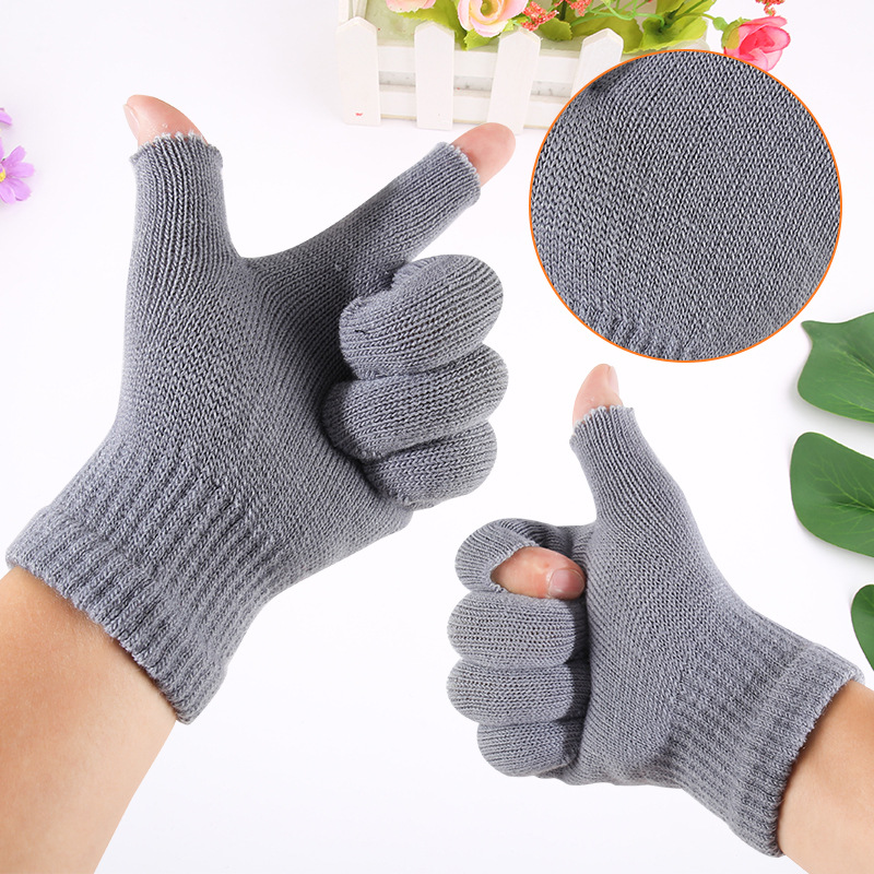 Half-Finger Gloves Unisex Autumn Winter Warm Anti-Cold Solid Color Knitted Two-Finger Exposed Touch Screen Cycling Gloves