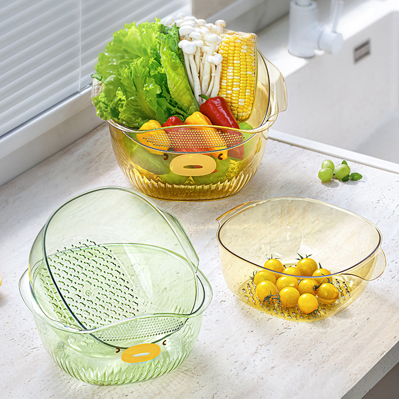Double-Layer Vegetable Washing Basket Kitchen Draining Fruit Vegetable Basket Household Washing Vegetable Basket Multifunctional Fruit Washing Filter Basin Vegetable Washing Basket