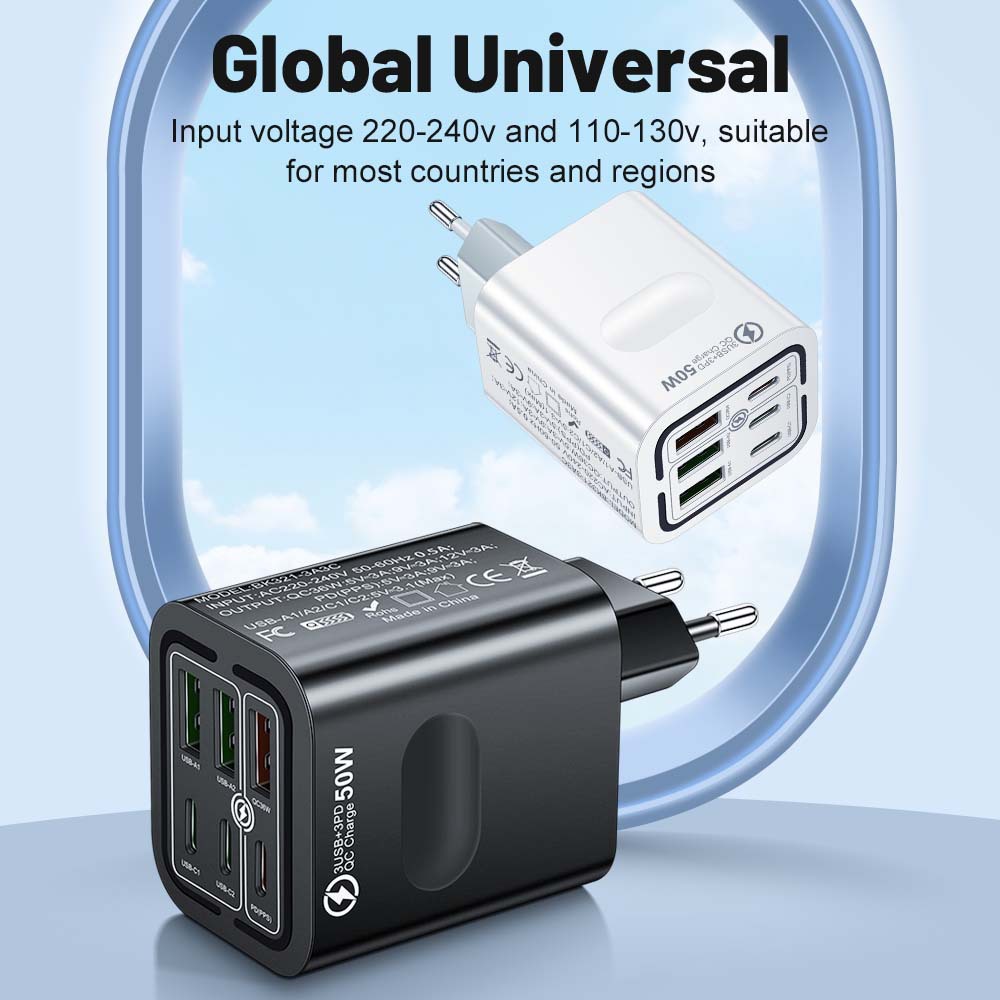 50W Fast Charger Multi-Port PD3.0 GaN Charging Head for Phone Tablet Laptop Travel Charger