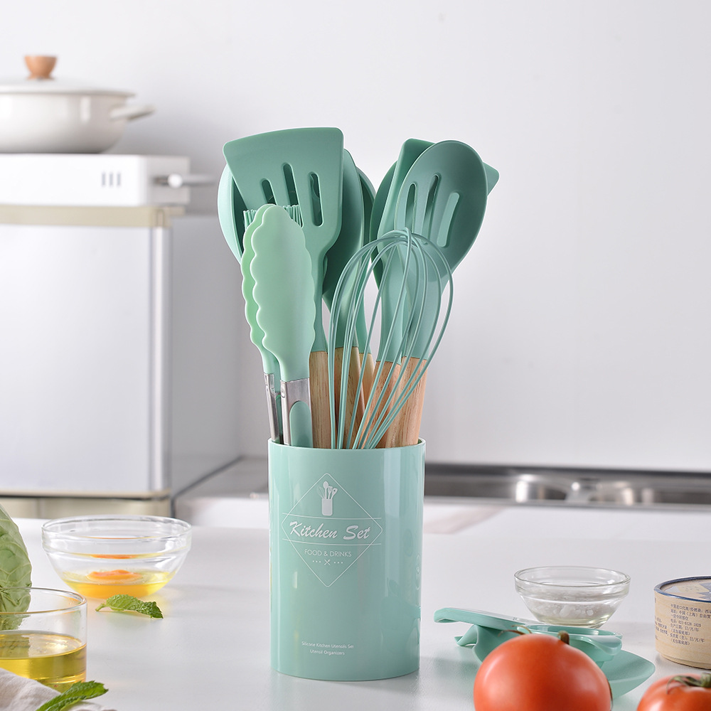 Light Version 750g Silicone Kitchen Utensil Set Wooden Handle 14-Piece Set Kitchen Tools Cooking Spatula Spoon Set 14-Piece Set