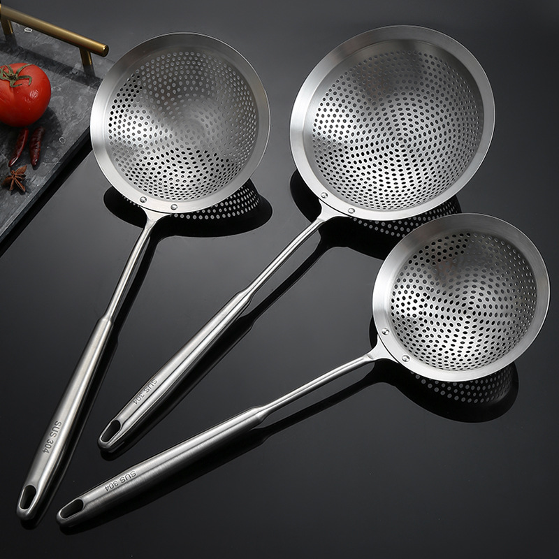 304 stainless steel perforated round hole strainer wire strainer kitchen strainer hot pot frying large colander long handle dumpling noodle strainer