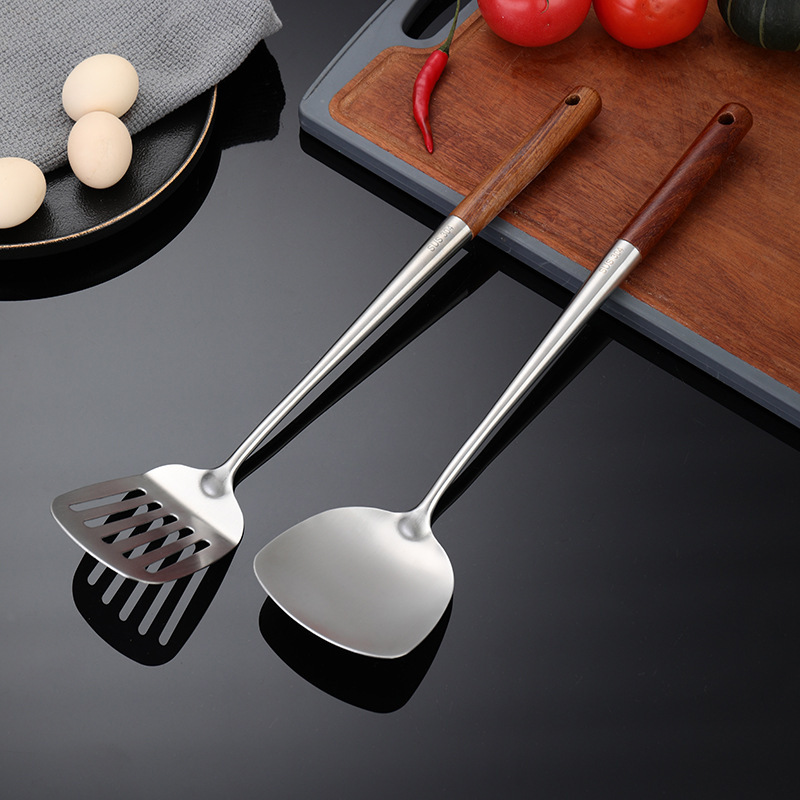 Stainless steel long-handled wok spatula home chef kitchen utensils wok spatula large soup spoon serving spoon padauk wood handle chef series