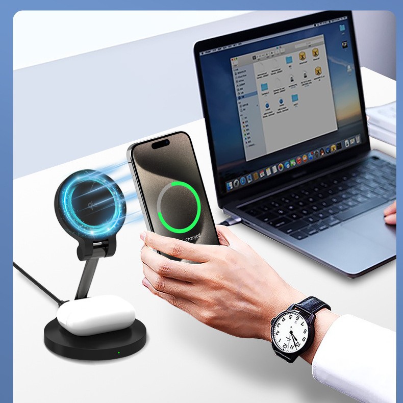 qi2.0 15W magnetic foldable portable wireless charger two-in-one for Apple phone earphone