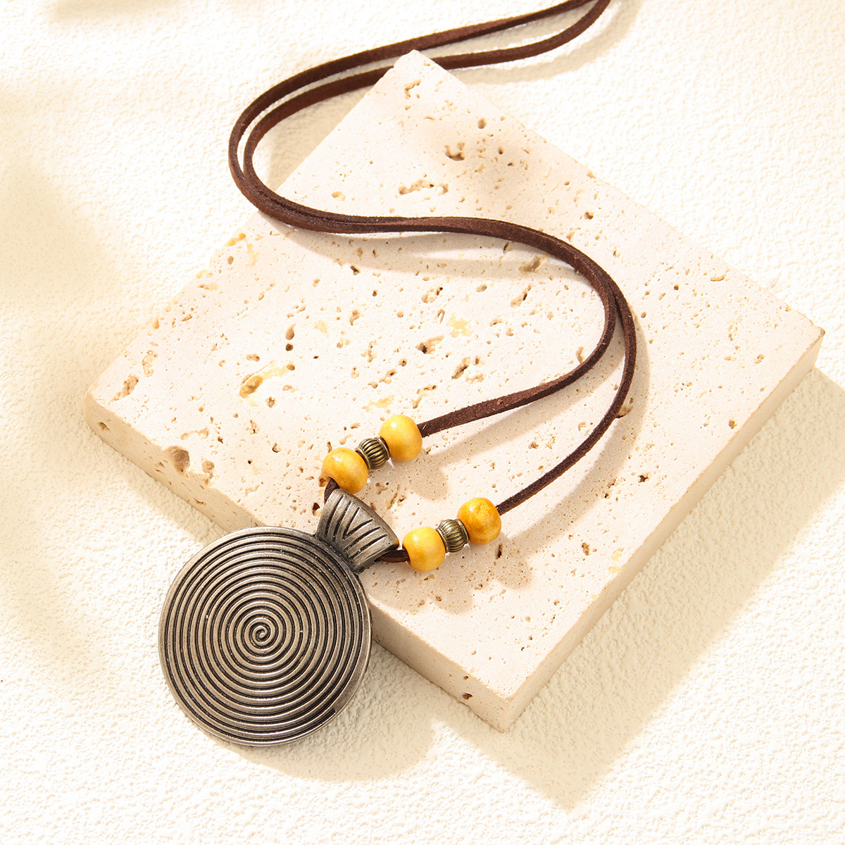 Cowhide Rope Ethnic Pendant Leather Accessories Fingerprint Alloy Sweater Chain Round Necklace