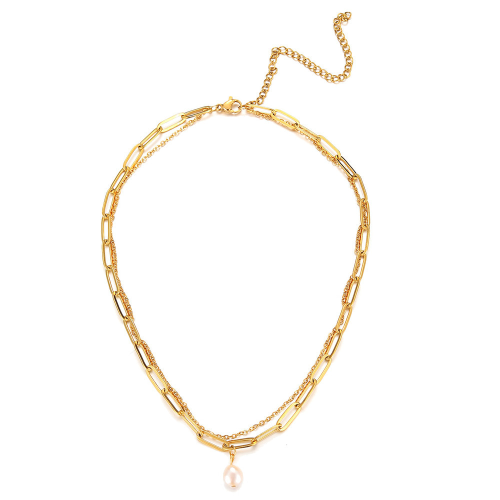 Baroque freshwater pearl neck chain necklace, women's minimalist stainless steel double-layer chain short necklace collarbone chain