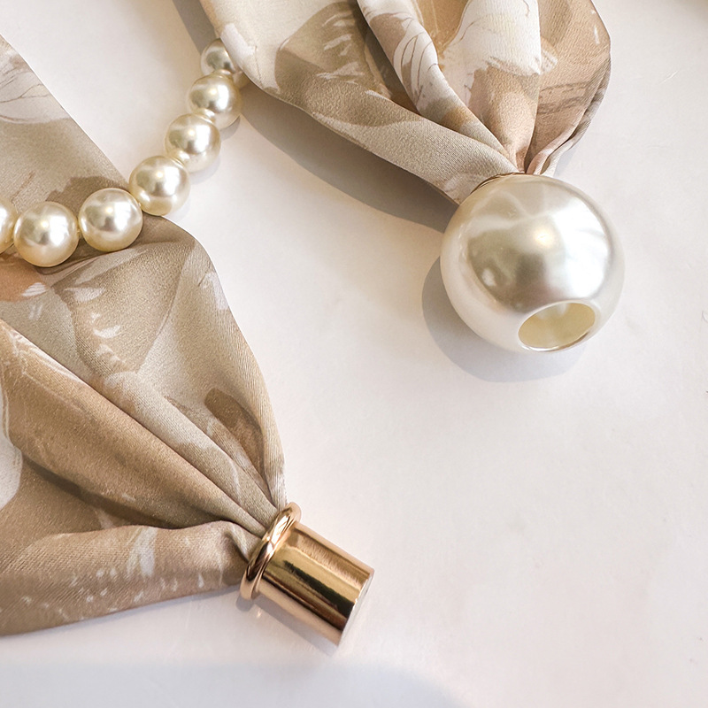 Magnetic buckle pearl necklace small long strip silk scarf women mother neck protection lazy matching shirt thin scarf