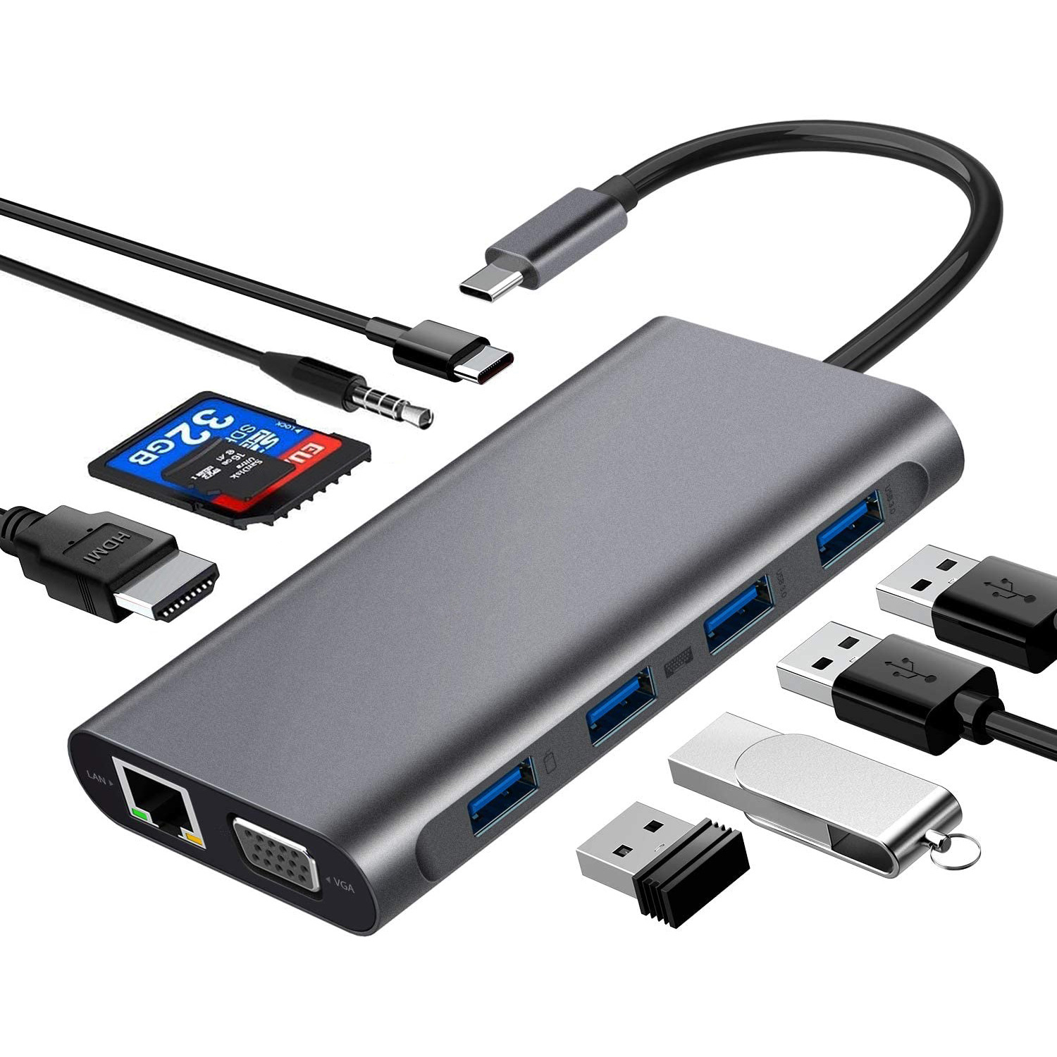 11-in-1 Docking Station Type-C to HDMI 4K Gigabit PD 100W Multi-function Notebook Converter Docking Station