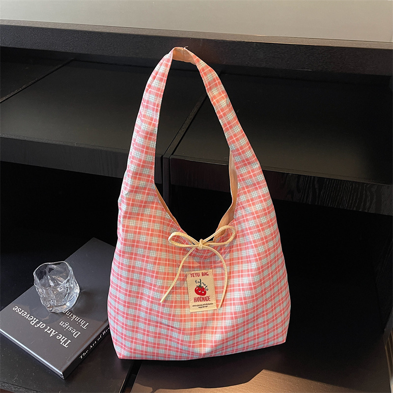 Large capacity bag women 2026 new canvas single shoulder bag class commuting plaid tote bag