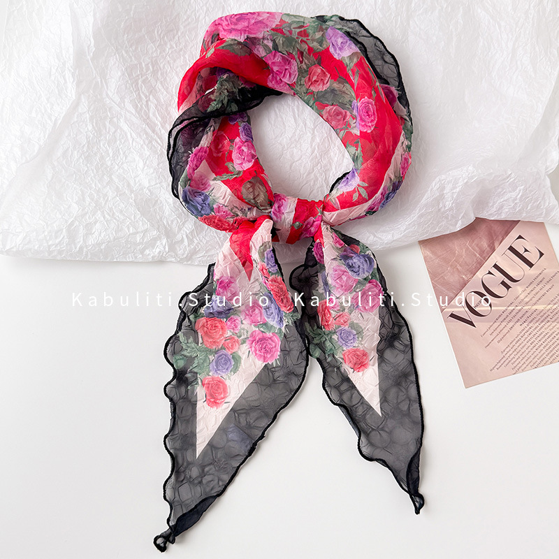 Oil painting wrinkled small triangle square scarf, silk scarf for women, neck protection mother matching shirt hair band neck scarf thin scarf