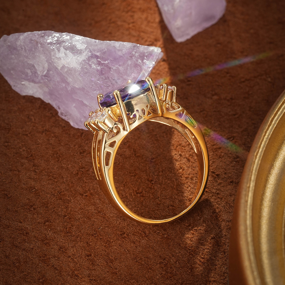 Colored Gemstone Ring Women's Set with AAA Zircon Ring Amethyst Jewelry