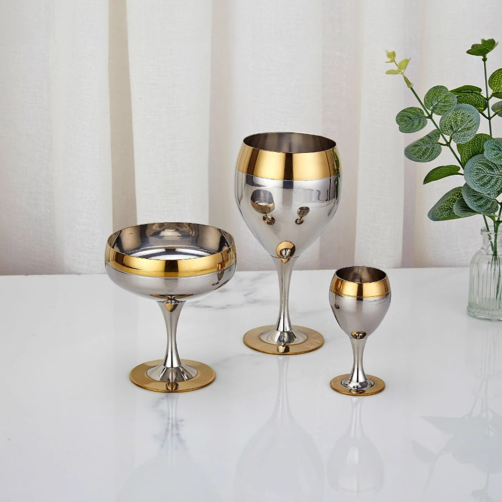 304 Stainless Steel Gold Rim Wine Glass Set Bar Cocktail Plate Bowl Restaurant Home Kitchen Supplies
