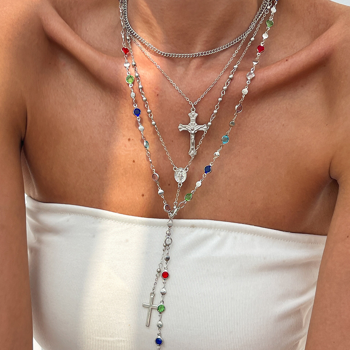 Hip-hop rhinestone cross pendant necklace faux pearl chain layered neck ornament for women