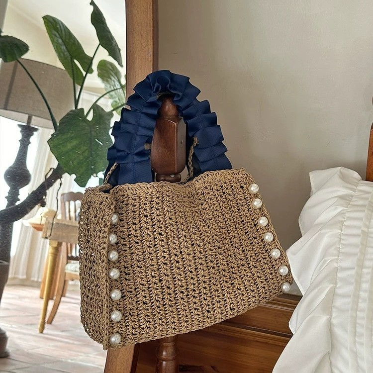 New Pearl Straw Woven Bag Women's Handwoven Handbag Tote Bag Travel Beach Bag