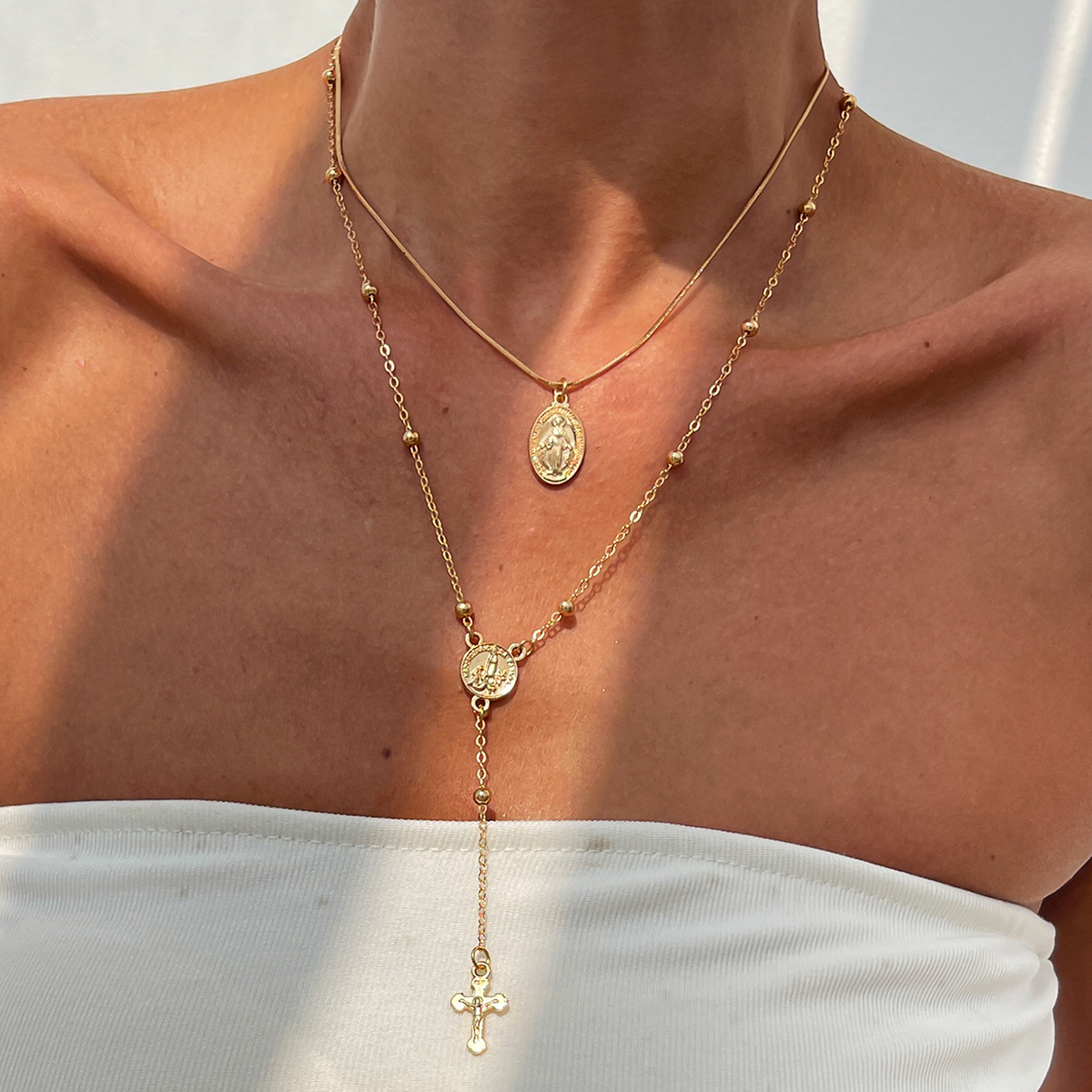 Jewelry 3-piece set rhinestone cross chain necklace set small flower crystal copper-clad iron chain neck chain