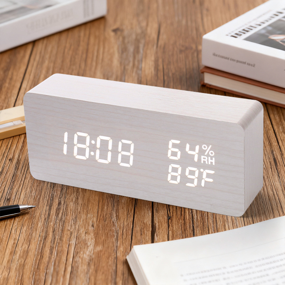Nordic Wooden Alarm Clock Hygrometer Clock Multifunctional Silent Night Light Student Bedroom Bedside Wooden Clock